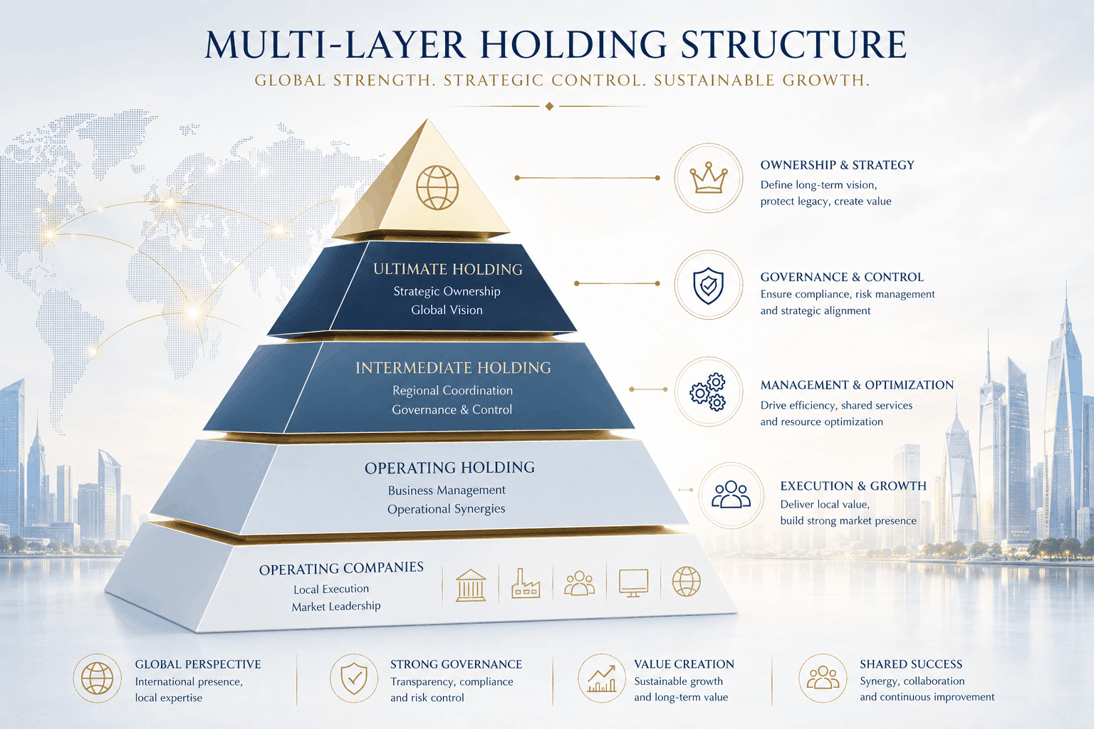 Advanced international holding structure for corporate governance and asset protection