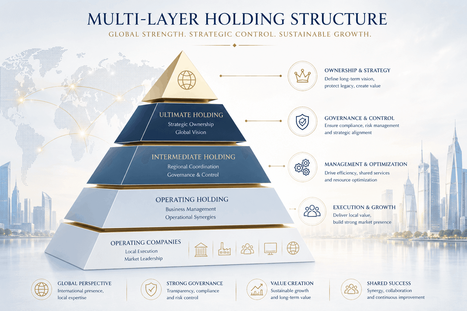 Advanced international holding structure for corporate governance and asset protection