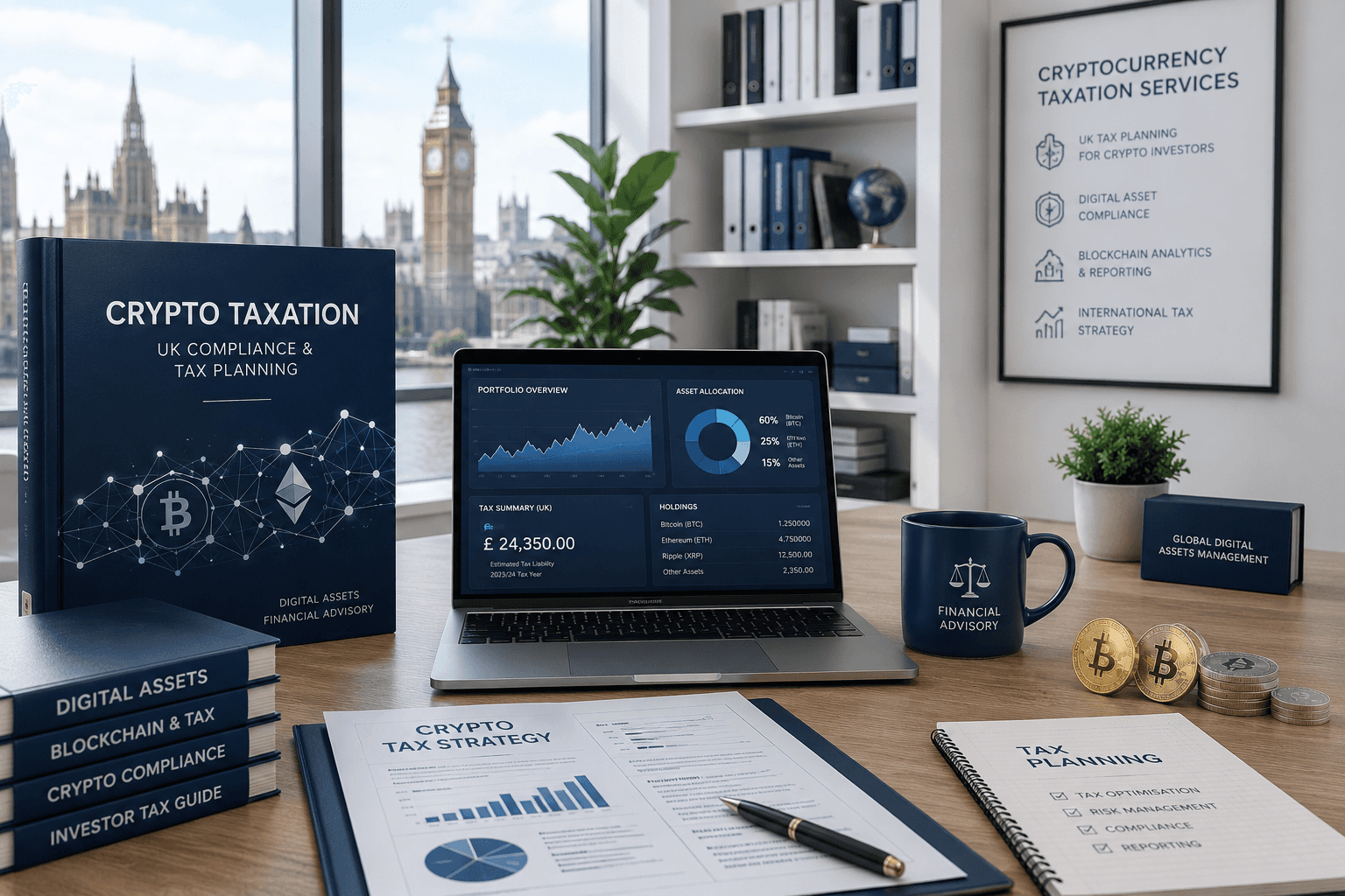 Professional cryptocurrency tax advisory, digital asset compliance and UK tax planning services for investors, traders and blockchain businesses.