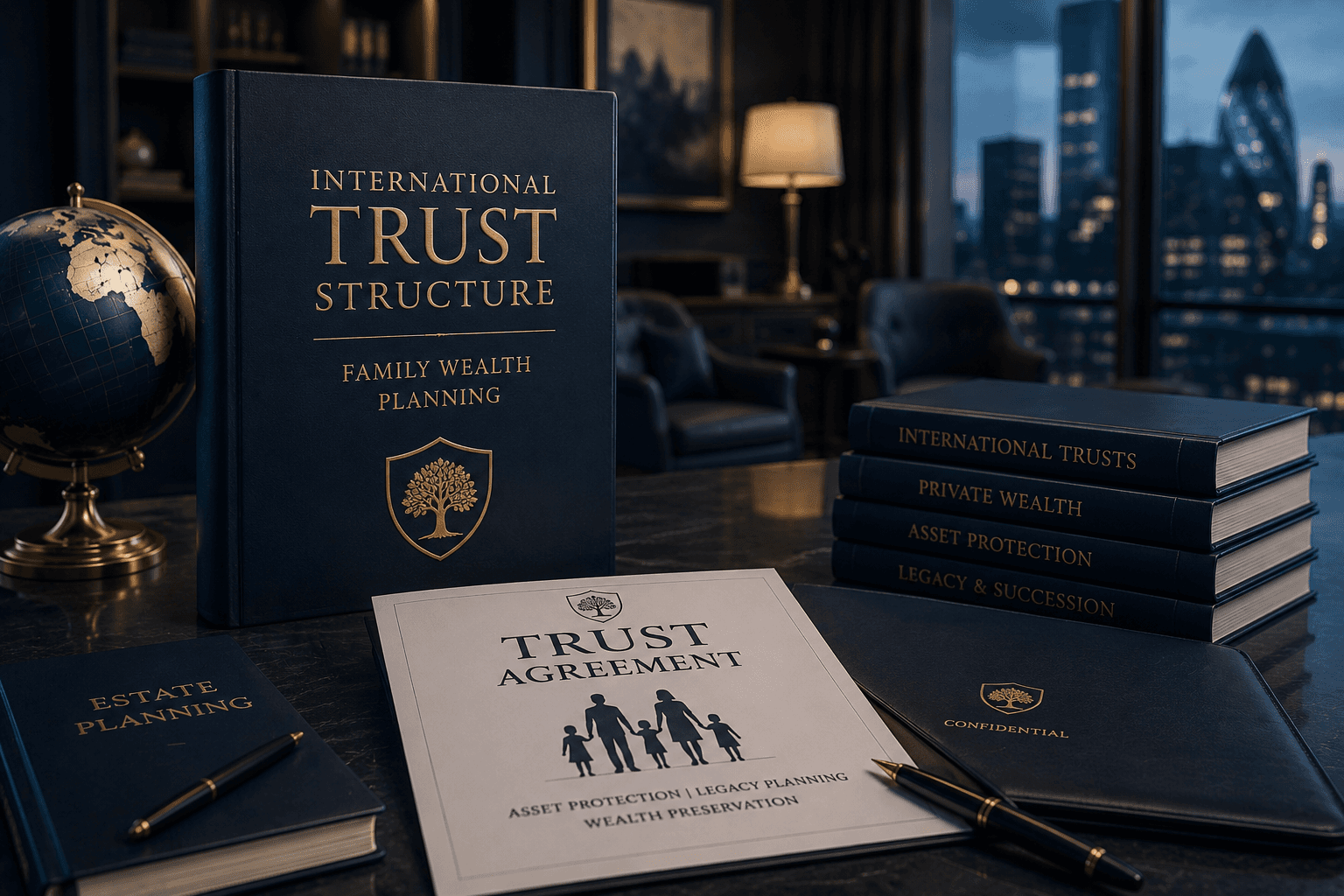 Struttura trust internazionale per pianificazione patrimoniale familiare, tutela degli asset e successione ereditaria in ambiente corporate di consulenza finanziaria premium.